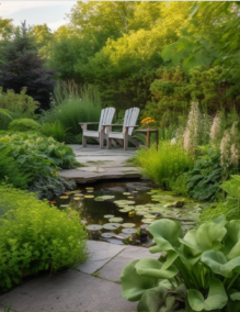 Serene green garden with pond and intimate seating for 2