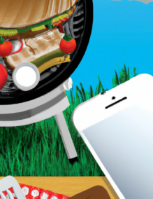 A cartoon image of a smartphone next to a BBQ grill with food on