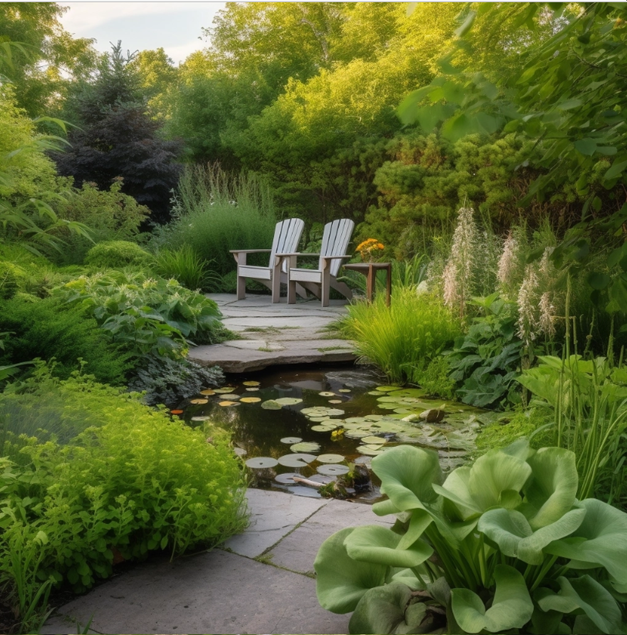 Serene green garden with pond and intimate seating for 2