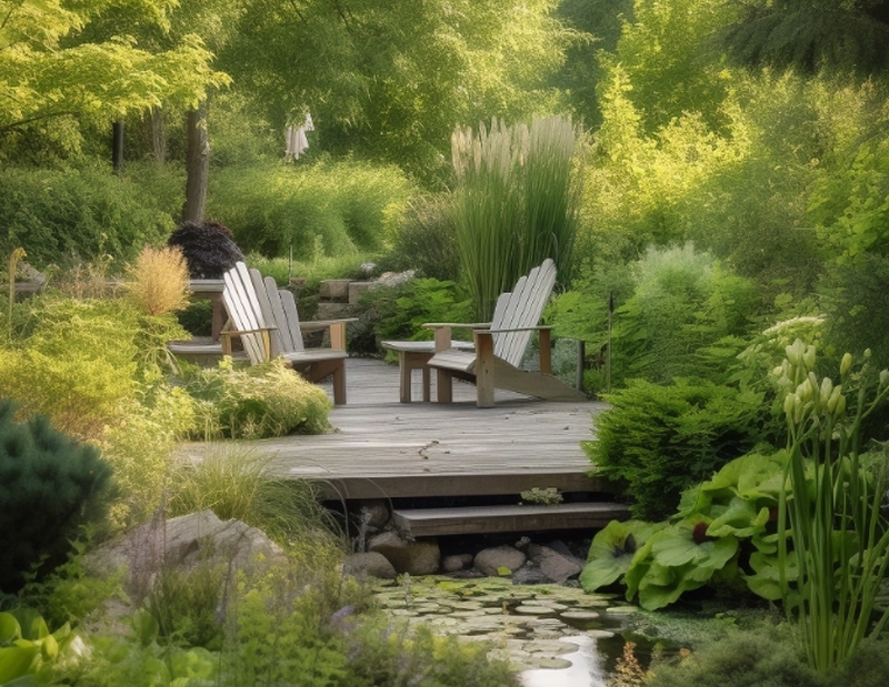 Peaceful green garden full of plants with a small pond and seating