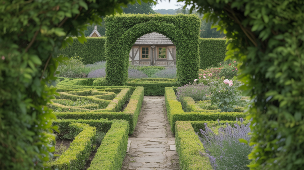 A heritage garden featuring square hedges and a stone path