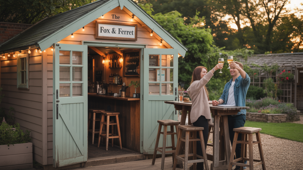 A wooden pub shed in a British garden